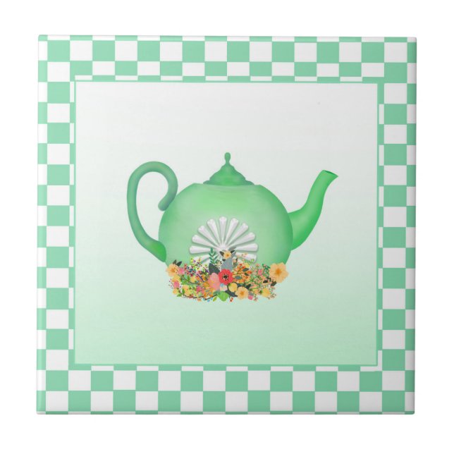 Schöner Grüner Teekessel mit Blume Keramik Tile Fliese (Vorderseite)