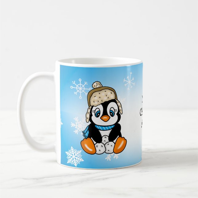 Schöner handgezogener Pinguin mit Schneebällen Kaffeetasse (Links)