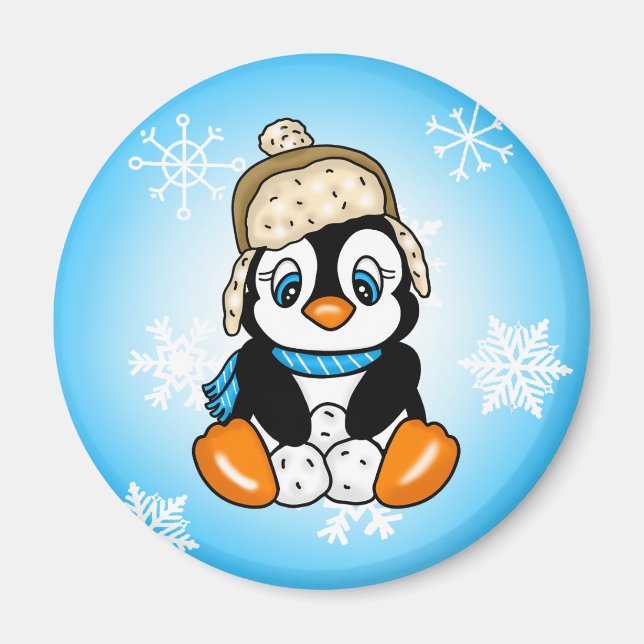 Schöner handgezogener Pinguin mit Schneebällen Magnet (Vorne)