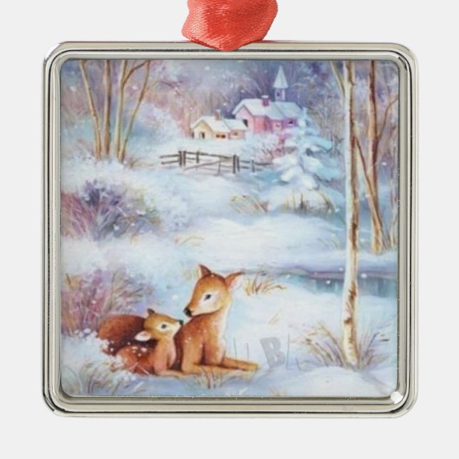 Schöner Hirsch und Fawn Weihnachtsbaum Ornament Aus Metall (Vorne)