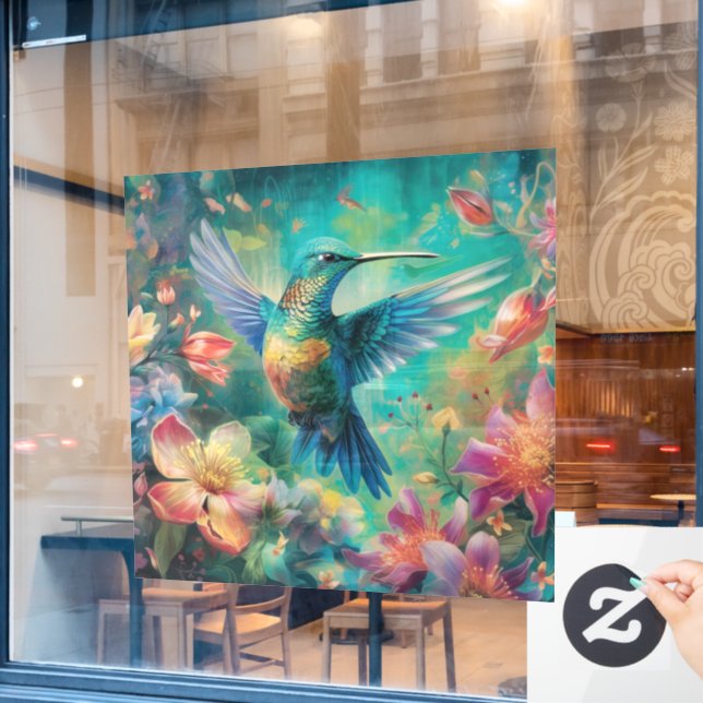 Schöner Hummingbird umgeben von Blume Fensteraufkleber (Café-Fenster)