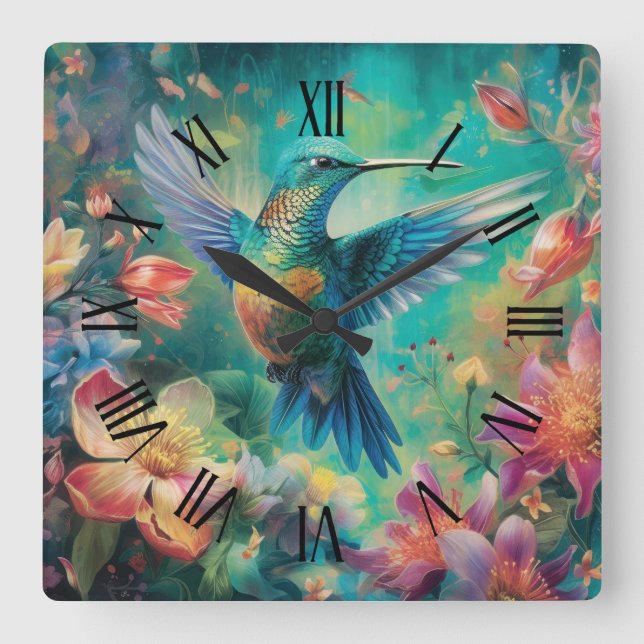 Schöner Hummingbird umgeben von Blume Quadratische Wanduhr (Vorderseite)