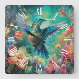 Schöner Hummingbird umgeben von Blume Quadratische Wanduhr