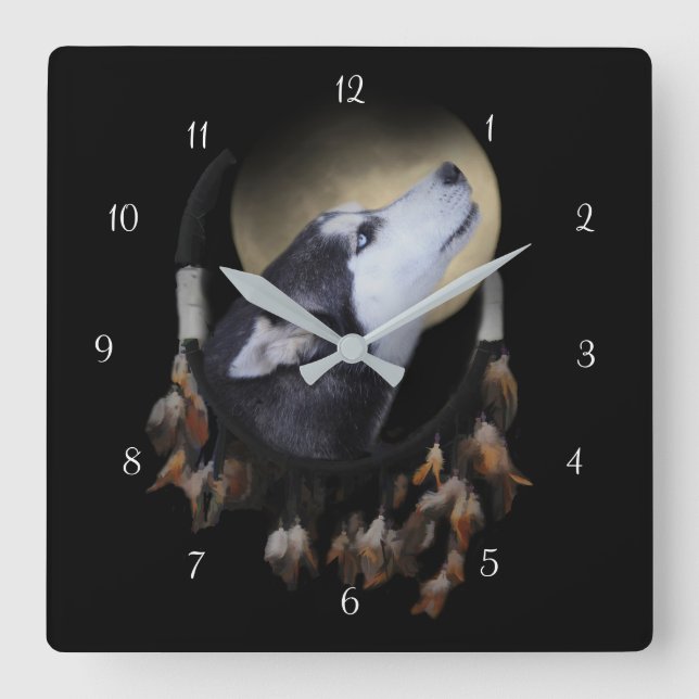 Schöner Husky Hund und Traumfänger Quadratische Wanduhr (Vorderseite)