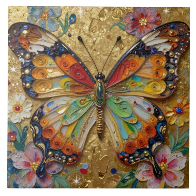Schöner Impasto-Schmetterling und Blumen   Fliese (Vorderseite)