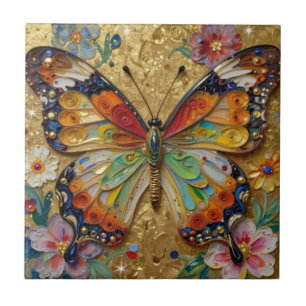 Schöner Impasto-Schmetterling und Blumen Fliese
