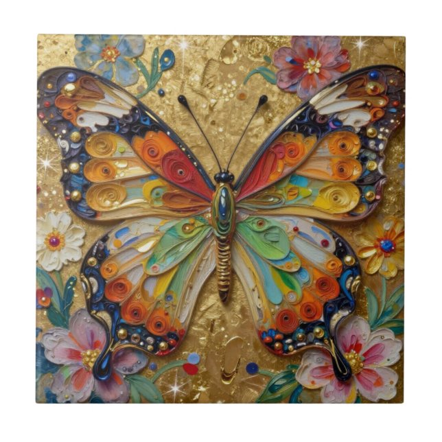 Schöner Impasto-Schmetterling und Blumen   Fliese (Vorderseite)