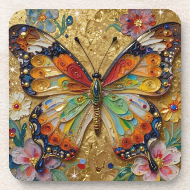 Schöner Impasto-Schmetterling und Blumen   Getränkeuntersetzer (Vorderseite)