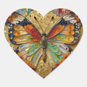 Schöner Impasto-Schmetterling und Blumen   Herz-Aufkleber