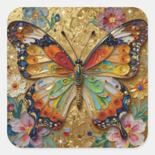 Schöner Impasto-Schmetterling und Blumen   Quadratischer Aufkleber
