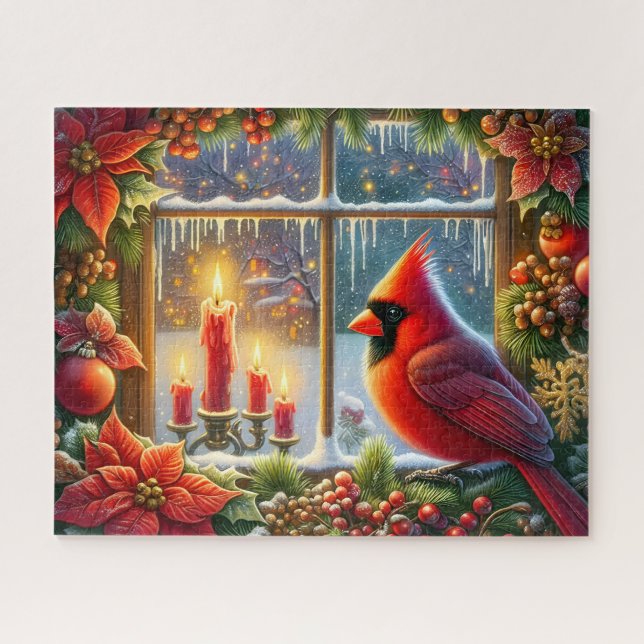 Schöner Kardinal-Weihnachtsfenster Puzzle (Horizontal)
