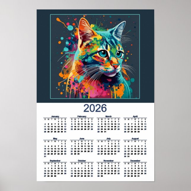 Schöner Katzenkalender Wasserfarben-Katze Poster (Vorne)