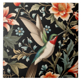 Schöner Kolibri auf dunklem floralem Hintergrund Fliese