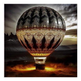 Schöner komplizierter Heißluftballon in den Bergen Poster