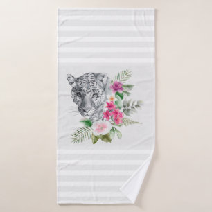 Schöner Leopard Kopf mit grauen Streifen Badhandtuch Set