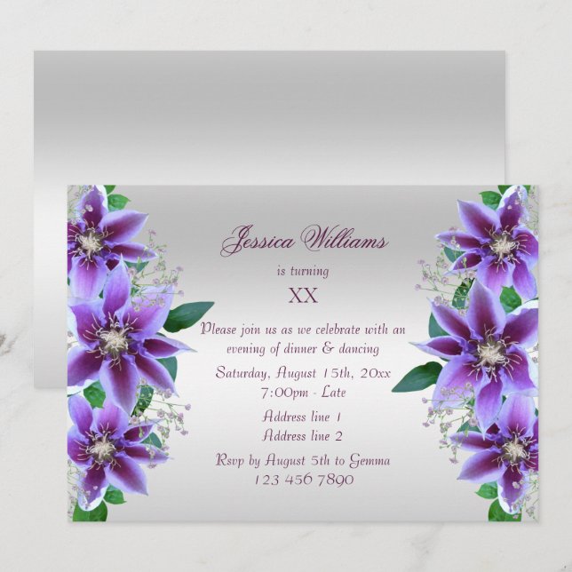 Schöner lila Clematis-Blumengeburtstag Einladung (Vorne/Hinten)