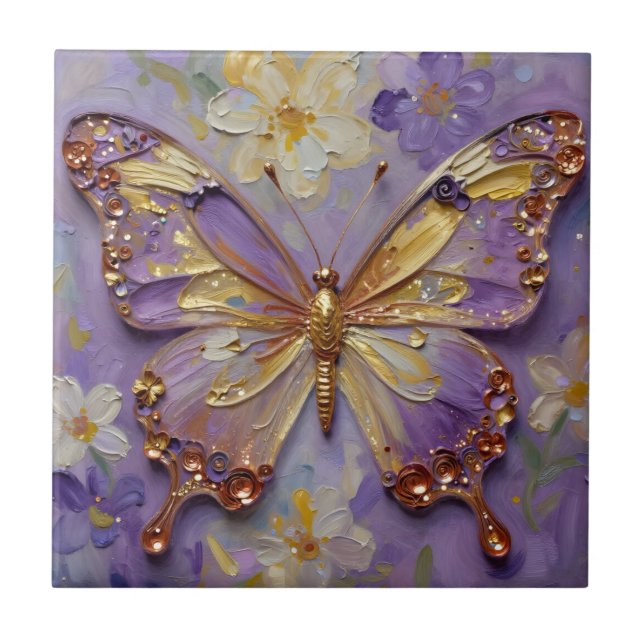 Schöner lila Schmetterling und Blumen Fliese (Vorderseite)