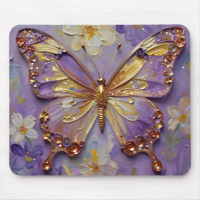 Schöner lila Schmetterling und Blumen Mousepad (Vorne)