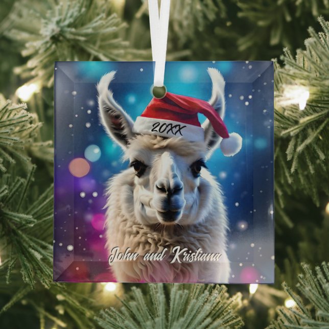 Schöner Llama in einer Weihnachtsmannmütze Ornament Aus Glas (Insitu)