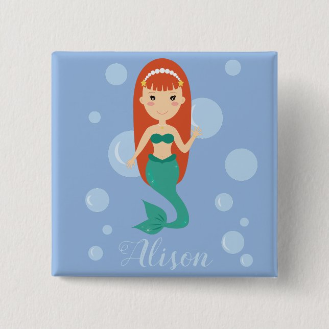Schöner Meerjungfrau Cartoon individuelle Name Tex Button (Vorderseite)