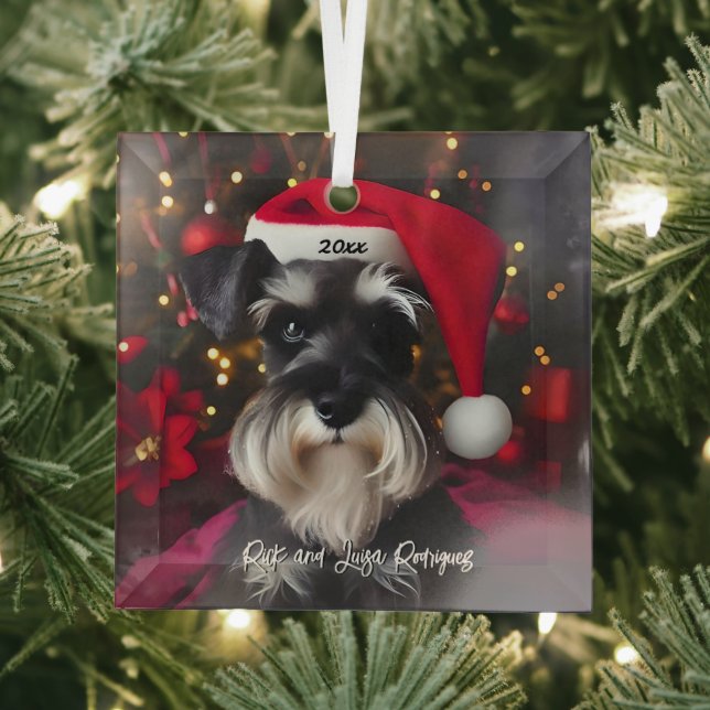 Schöner Miniaturschnauzer mit Weihnachtsmannmütze Ornament Aus Glas (Insitu)