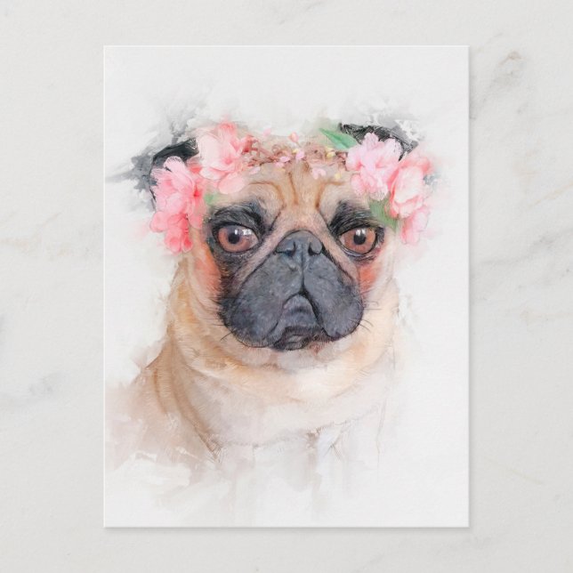 Schöner Mops Blume Crown Portrait Postkarte (Vorderseite)