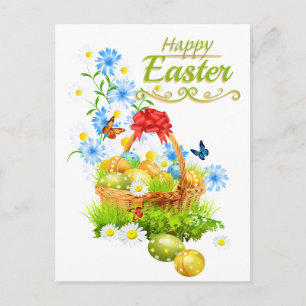 Schöner Osterkorb und Frühlingsblumen Feiertagspostkarte