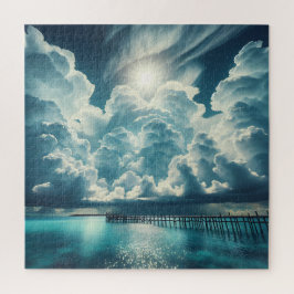 Schöner Ozean, Dock und florierende Wolken Puzzle