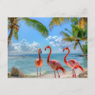 Schöner Ozean Pink Flamingos Palm Trees Sand Postkarte