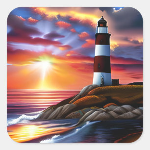 Schöner Ozean Sunset and Lighthouse Quadratischer Aufkleber