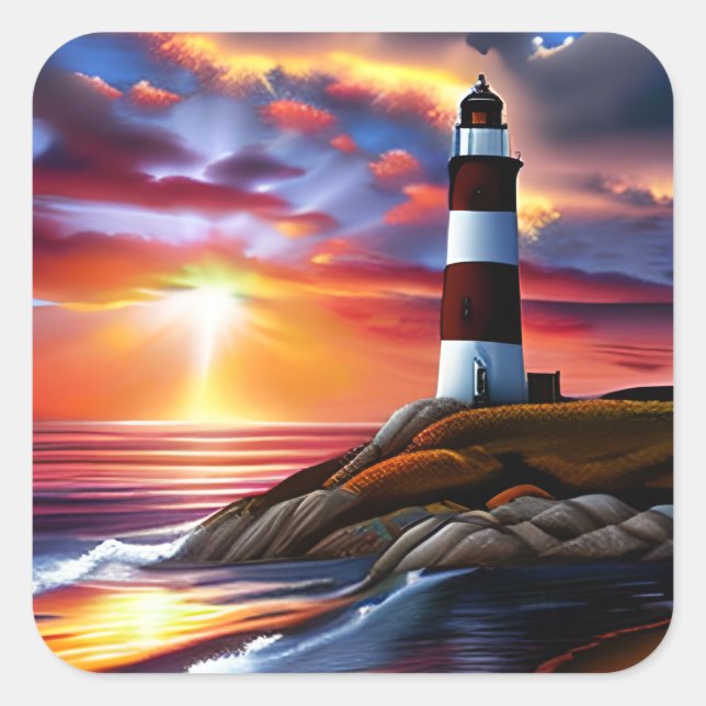Schöner Ozean Sunset and Lighthouse Quadratischer Aufkleber (Vorderseite)