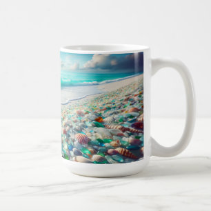 Schöner Ozeanstrand mit Meeresglas Kaffeetasse