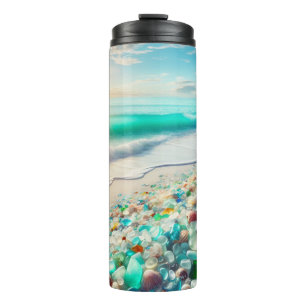 Schöner Ozeanstrand mit Meeresglas Thermosbecher