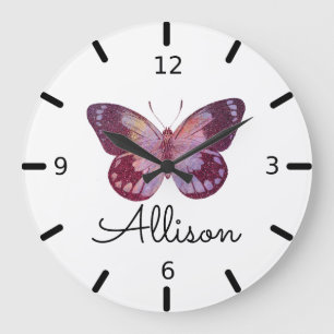 Schöner Personalisierter Lila Schmetterling Große Wanduhr