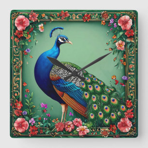 Schöner Pfau Blumenhintergrund Quadratische Wanduhr