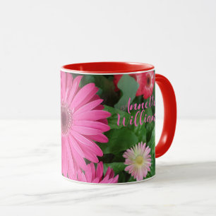 SCHÖNER PINK RED GERBERA BLUME BLUMENTAN UND NAME TASSE