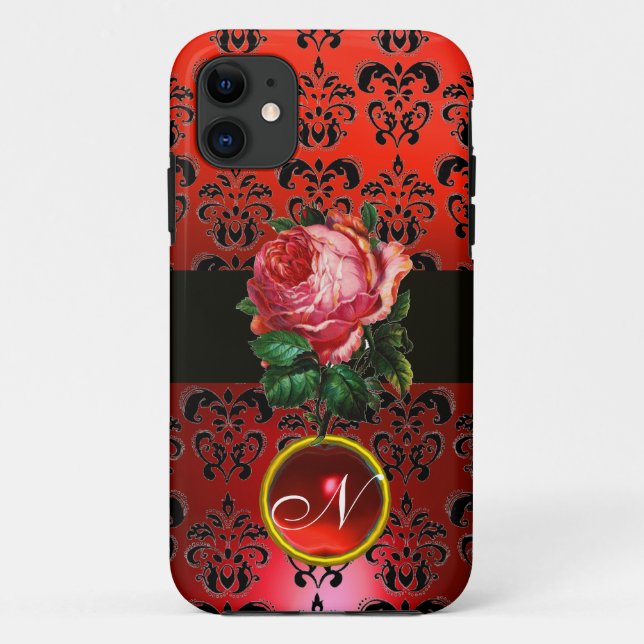 SCHÖNER PINK ROSE RED BLACK DAMASK RUBY MONOGRAMM Case-Mate iPhone HÜLLE (Rückseite)