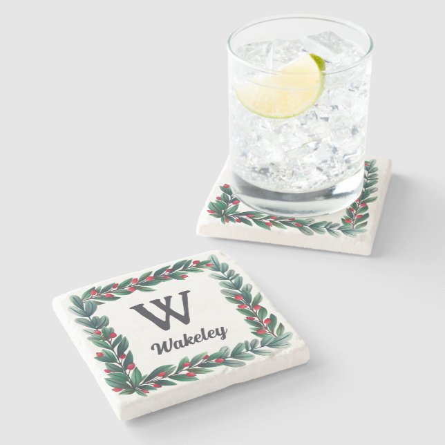 Schöner quadratischer Weihnachtskranz Monogramm Steinuntersetzer (Seitenansicht)