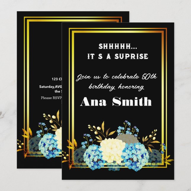 Schöner Rahmen aus blumenvergoldetem Gold, Jubiläu Einladung (Vorne/Hinten)