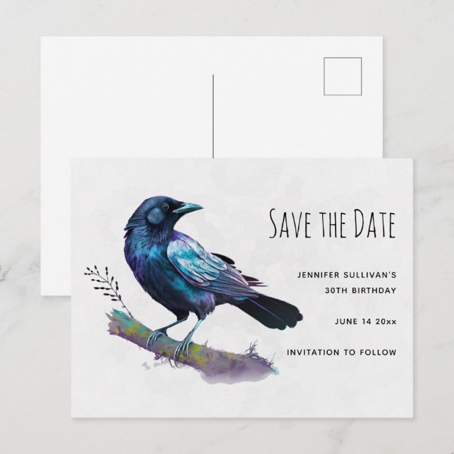 Schöner Raven auf einem Baumzweig Save the Date Einladungspostkarte (Vorne/Hinten)