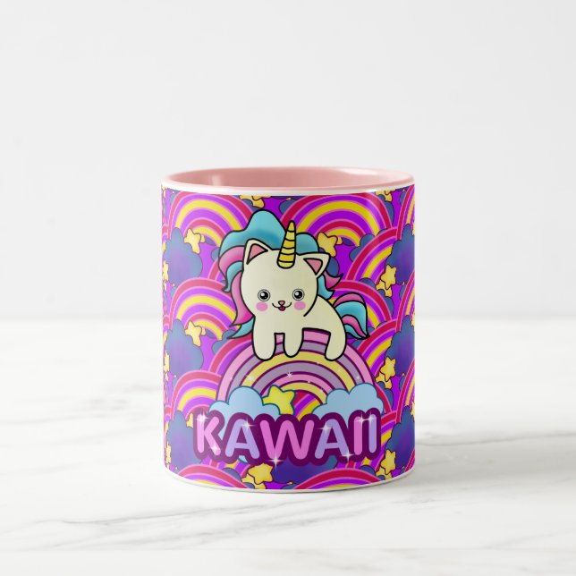 Schöner Regenbogen Hübsch Kawaii Einicorn Katze Zweifarbige Tasse (Mittel)