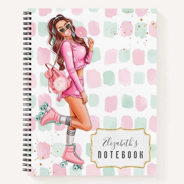 Schöner Roller Skater Pink School Notebook Notizbuch (Vorderseite)