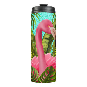 Schöner rosa Heron mit tropischen Blätter Thermosbecher