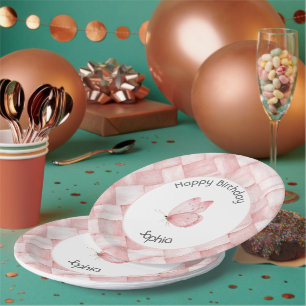 Schöner rosa Korbgeflecht Schmetterling Geburtstag Pappteller