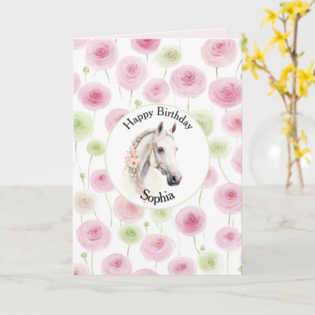 Schöner Rosa Mint Ranunculus Pferd Geburtstag Karte (Gelbe Blume)