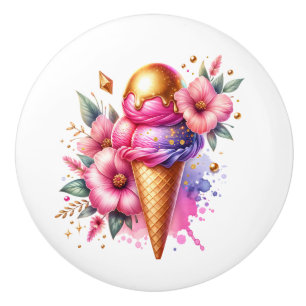 Schöner rosa und goldener Eiscreme-Geburtstagskege Keramikknauf
