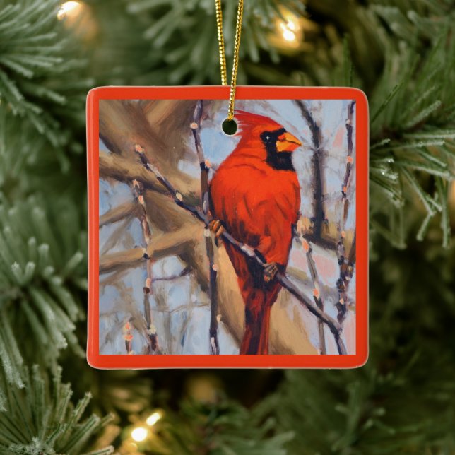 Schöner roter Kardinalvogel im Baum  Keramikornament (Baum)