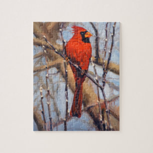 Schöner roter Kardinalvogel im kahlen Baum Puzzle