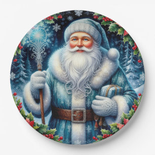 Schöner Santa im blauen Gewand mit Winterdekoratio Pappteller