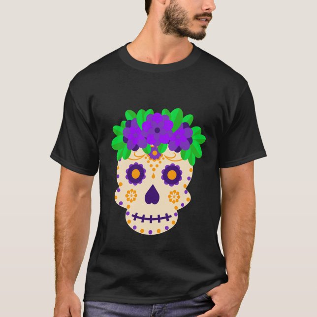 Schöner Schädel mit Blume Día de los Muertos T-Shirt (Vorderseite)